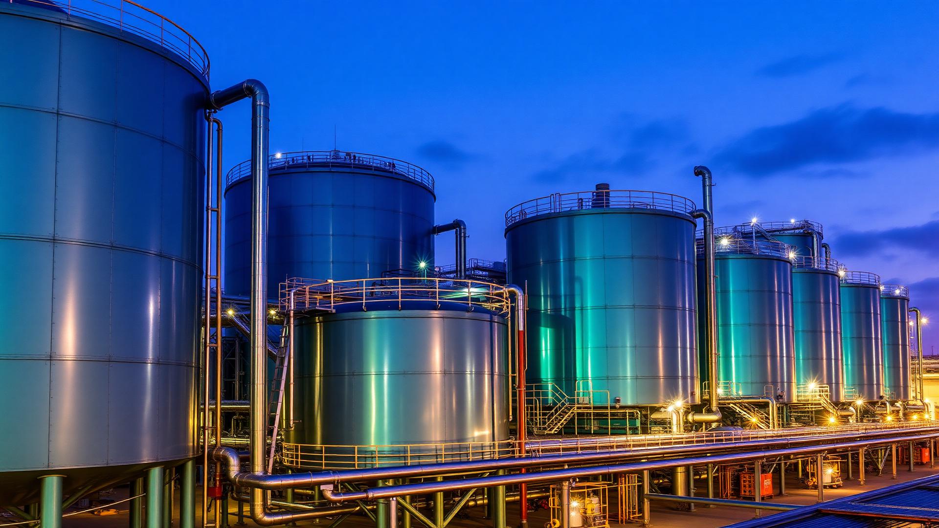 Industrial chemical storage facility at dusk