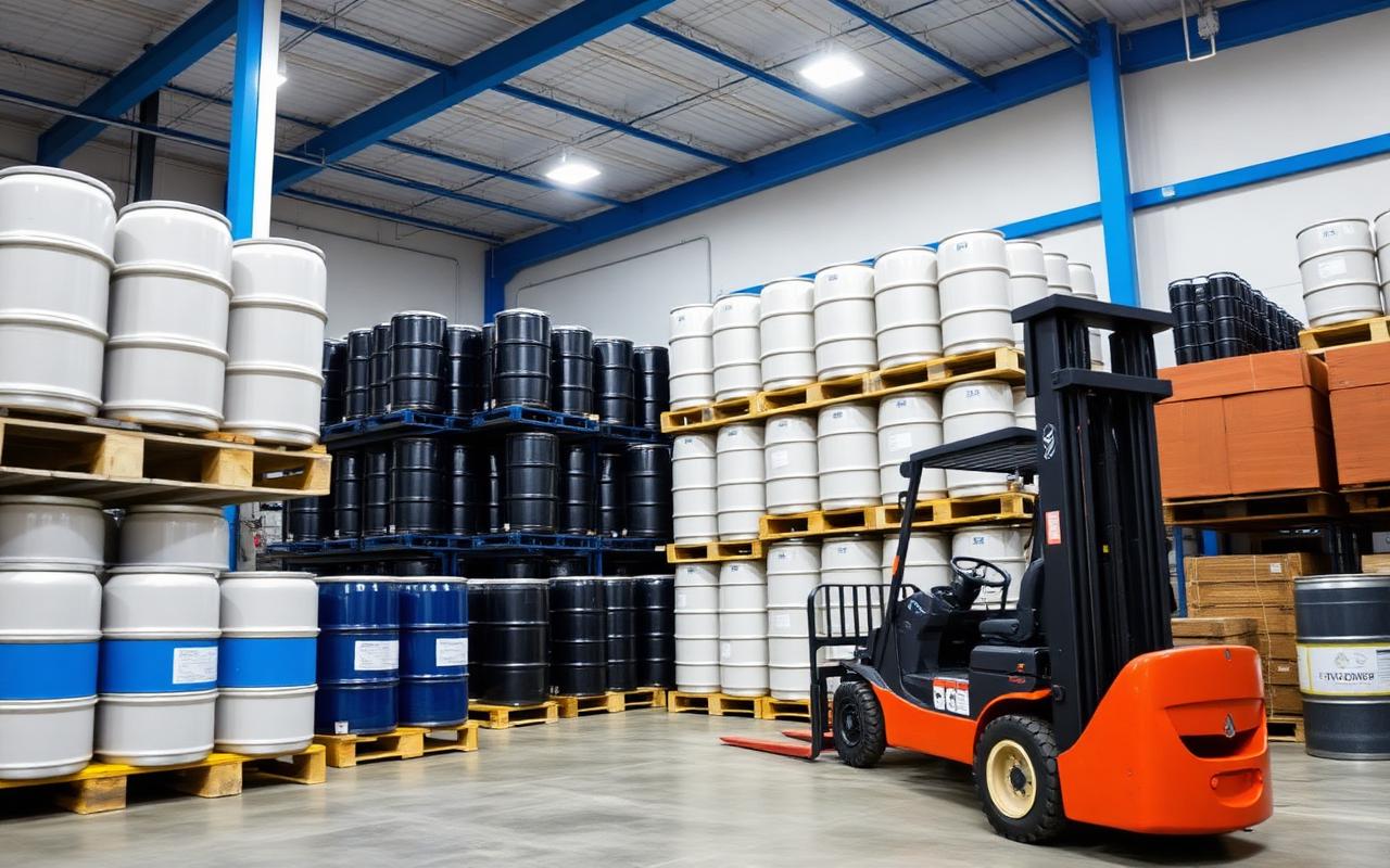Chemical warehouse with stacked drums and forklift